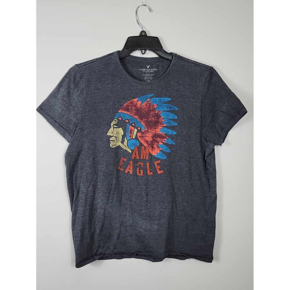 American Eagle Indian Head Graphic Grey Mens L Short Sleeve Tee Cotton Blend